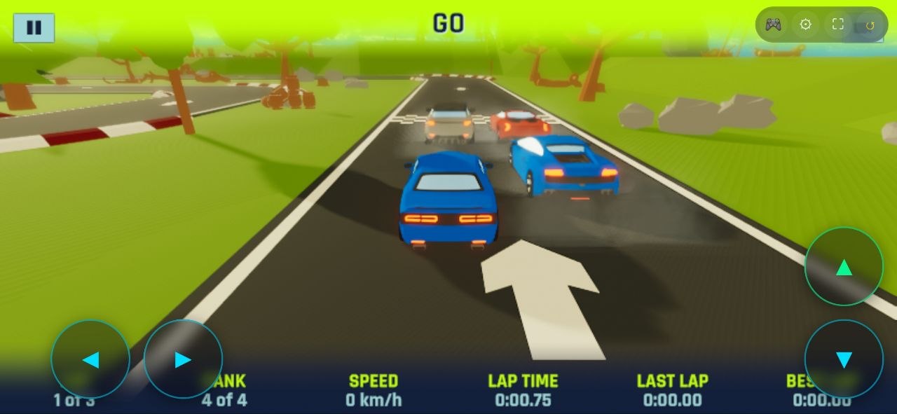 Moon Races race in progress with four cars going wheel to wheel down a circuit