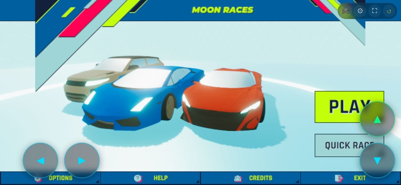 Moon Races main menu with three cars and Play and Quick Race buttons