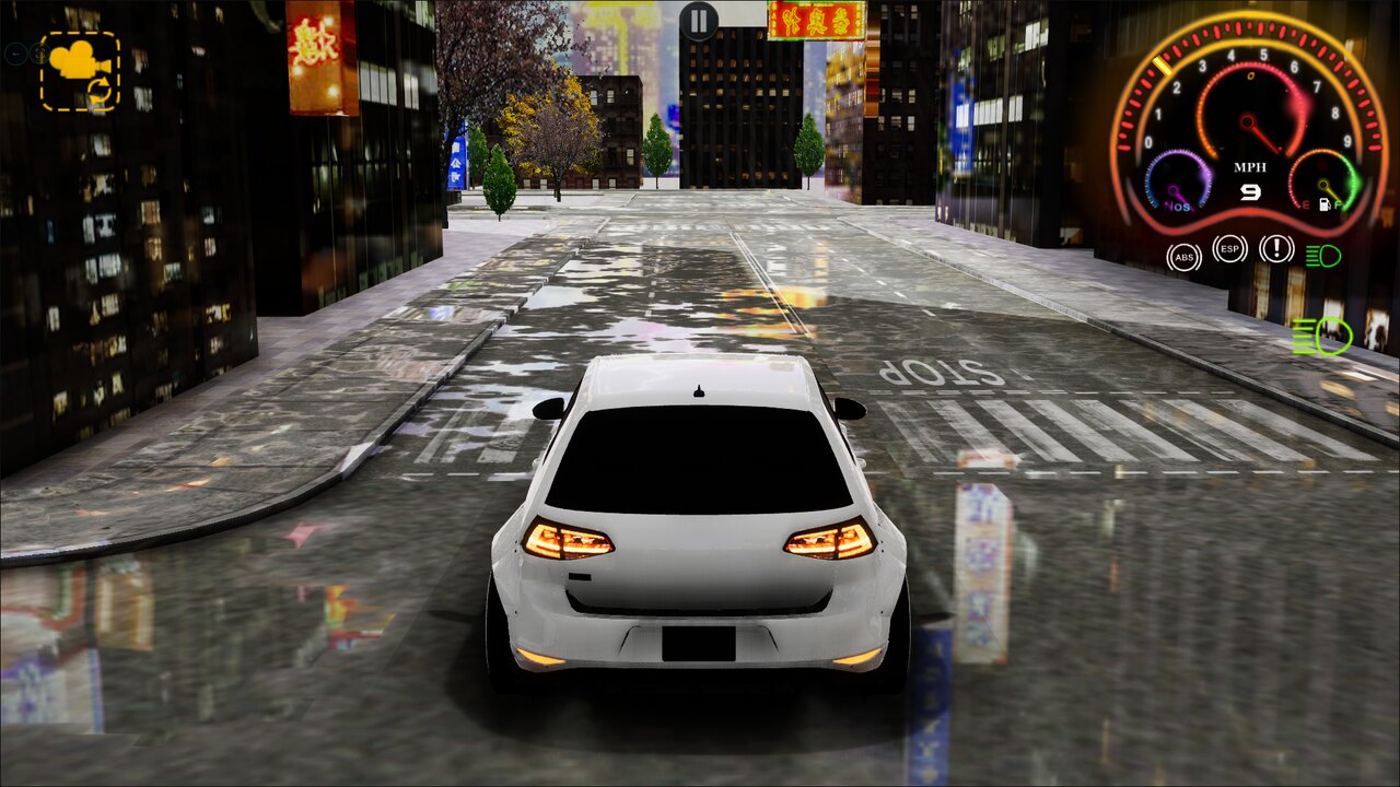 Moon Races V2 driving at night through a neon city open world with wet reflective streets