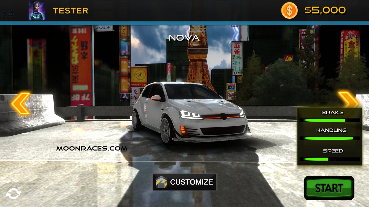 Moon Races V2 garage with the racer avatar card, car stats and the START button